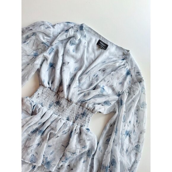 BARDOT Malina Light Blue Floral Chiffon Long Sleeve Ruffle Mini Dress, Size 6/S - Picture 5 of 13